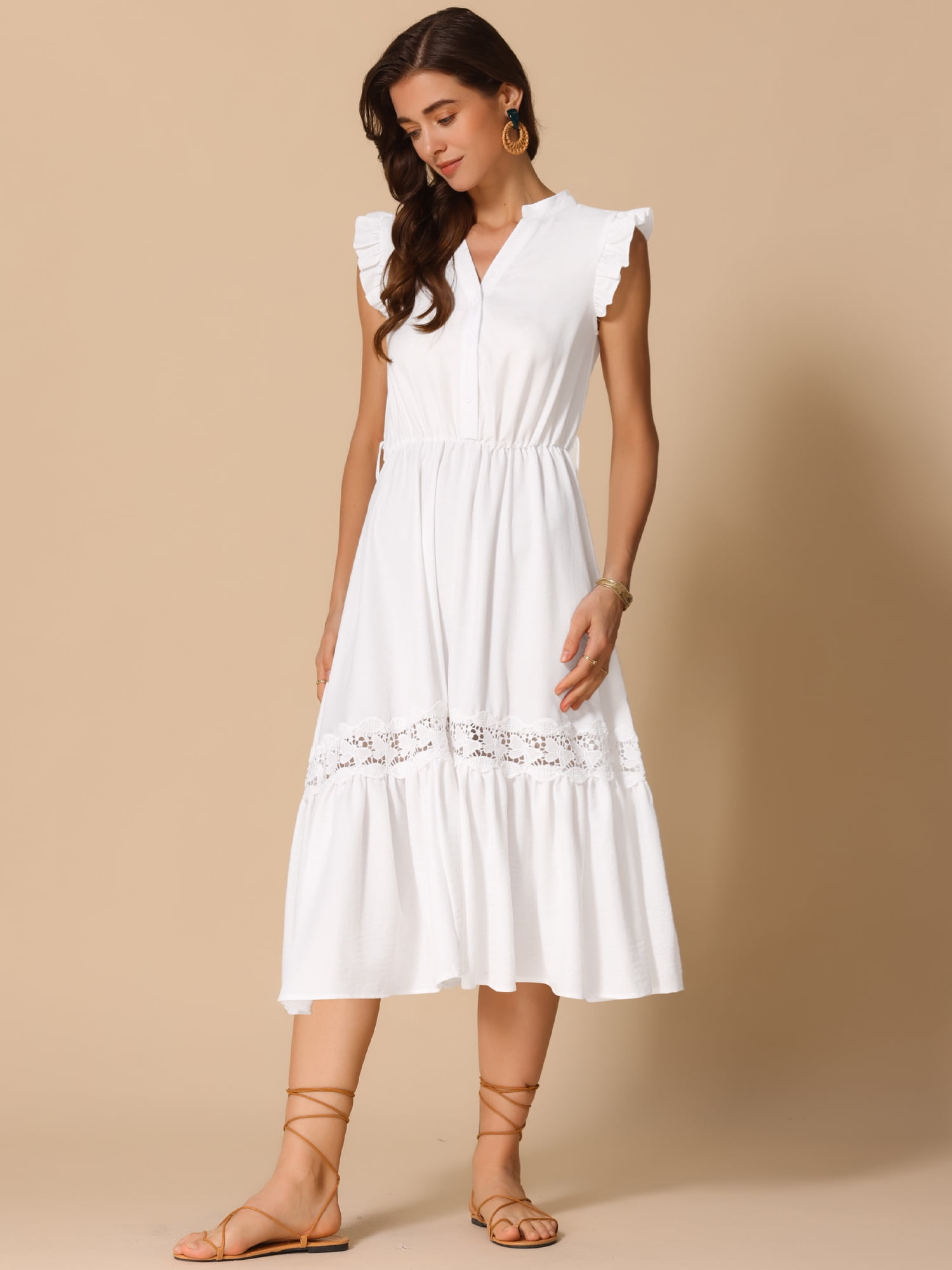 DARING DIVA V Neck Cap Sleeve A Line Summer Midi Dress XL Cream White