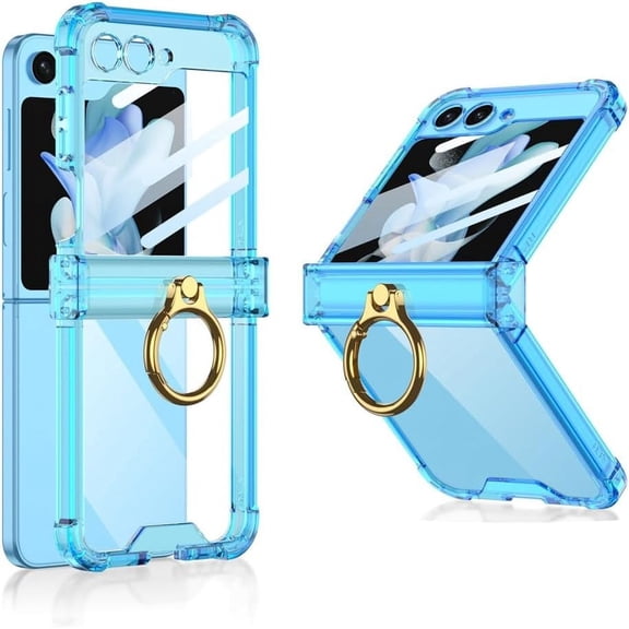 Built-in Screen Protector Case for Samsung Galaxy Z Flip 5 5G,with Ring Kickstand Holder Shockproof 4 Corners Airbag Transparent Slim Flip5 Cover (Blue)