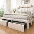 thumbnail image 6 of SIBEDS King Upholstered LED Bed Frame with Storage Drawers & Wingback Headboard, White PU Finish, RGB Lights, 1200 lbs, No Box Spring, 6 of 9