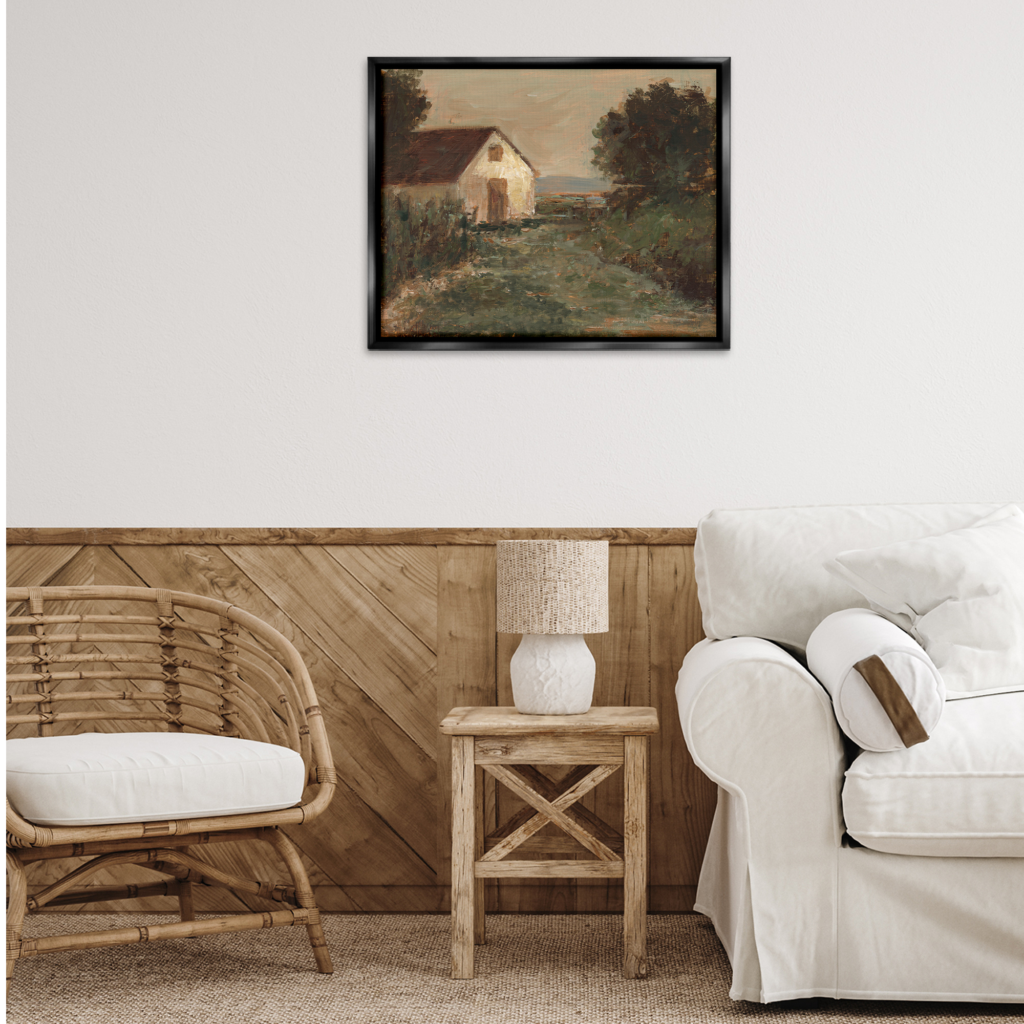 Stupell Industries Traditional Cottage by Sea Landscape & Nature Painting Black Floater Framed Canvas Art Print Wall Art, 31 x 25