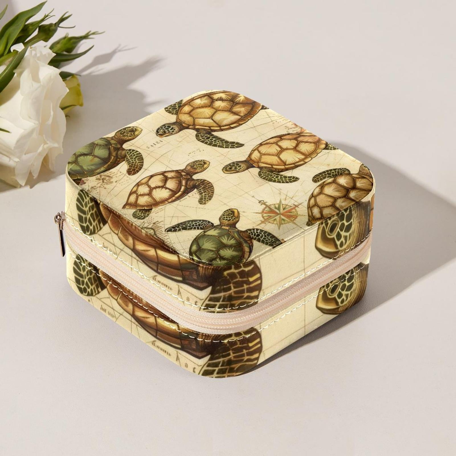 PhooArto Small Jewellery Box, Retro Map Sea Turtles Pattern Portable Travel Mini Jewelry Case for Women Leather Ring Organizer