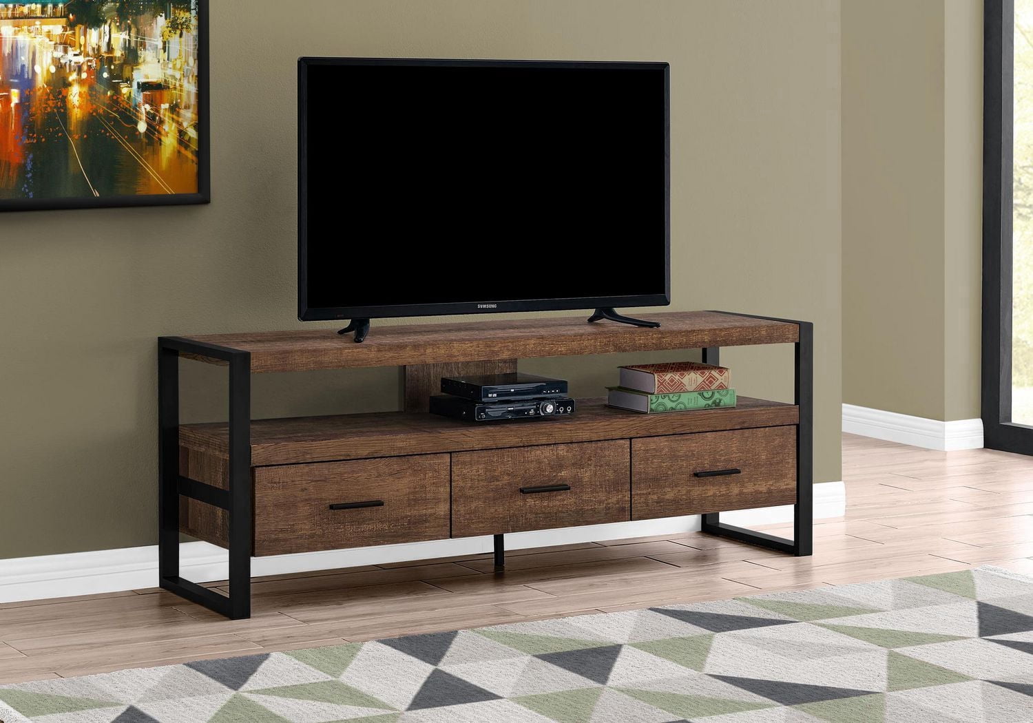 Monarch Specialties Tv Stand, 60 Inch, Console, Media Entertainment Center, Storage Drawers, Living Room, Bedroom, Metal, Laminate, Brown, Black, Contemporary, Modern