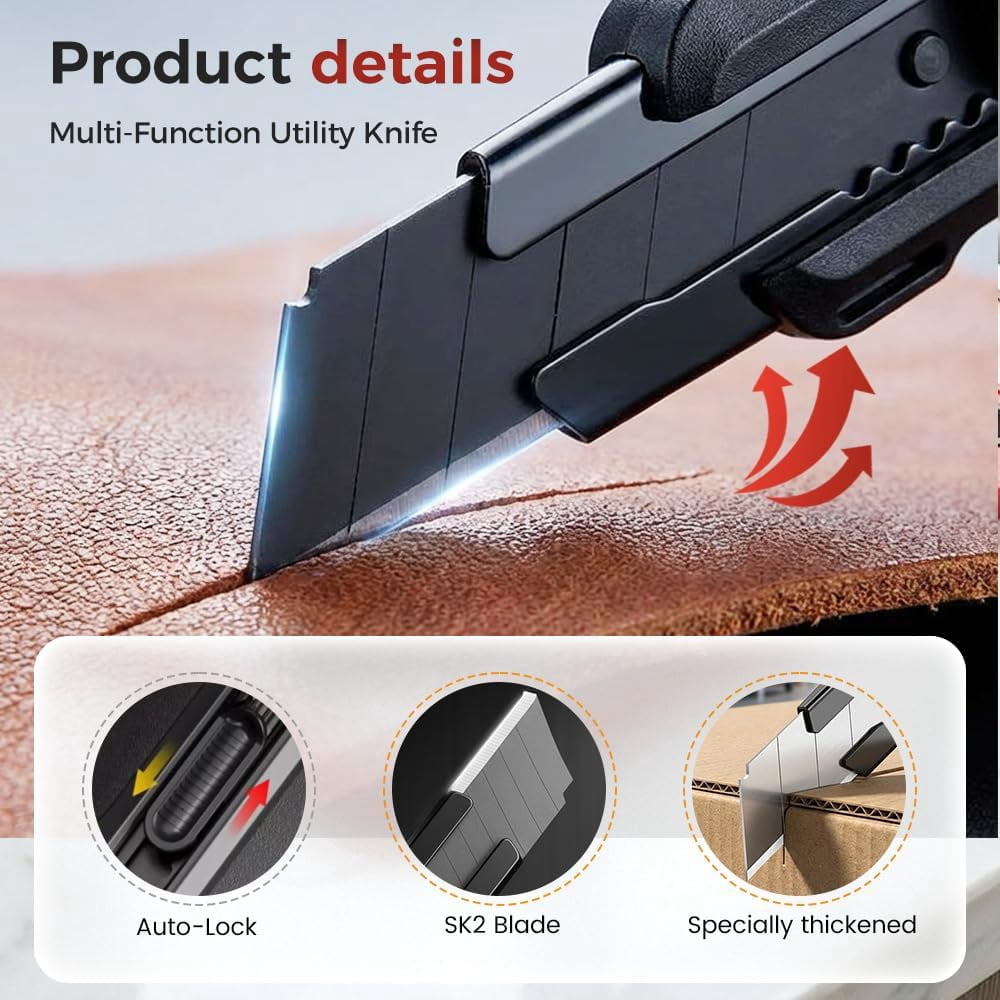25mm Heavy Duty Utility Knife Box Cutter, SK5 Sharp Snap-Off Blades, Safety Lock, Anti-Slip Rubber Grip, Ideal for Cardboard, Boxes, DIY Crafts, Home & Office Use (2 Knife + 20 Blades)