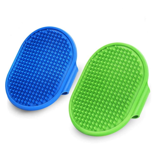 Paquete de 2 cepillos de aseo para perros, cepillo de baño para mascotas de primera calidad, peine de goma de masaje relajante, mango de anillo ajustable, adecuado para mascotas de pelo largo y corto
