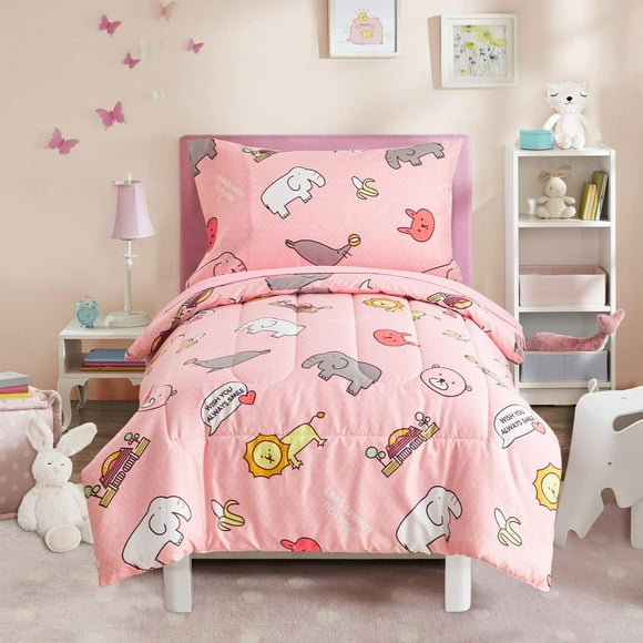 HZXC-4 Pcs Ensemble de Literie Rose pour Tout-Petit, Animaux Éléphant Lion Imprimés pour Bébés Filles - Comprend une Couette Matelassée, un Drap Plat, un Drap-Housse et une Taie d'Oreiller, Microfibre Douce