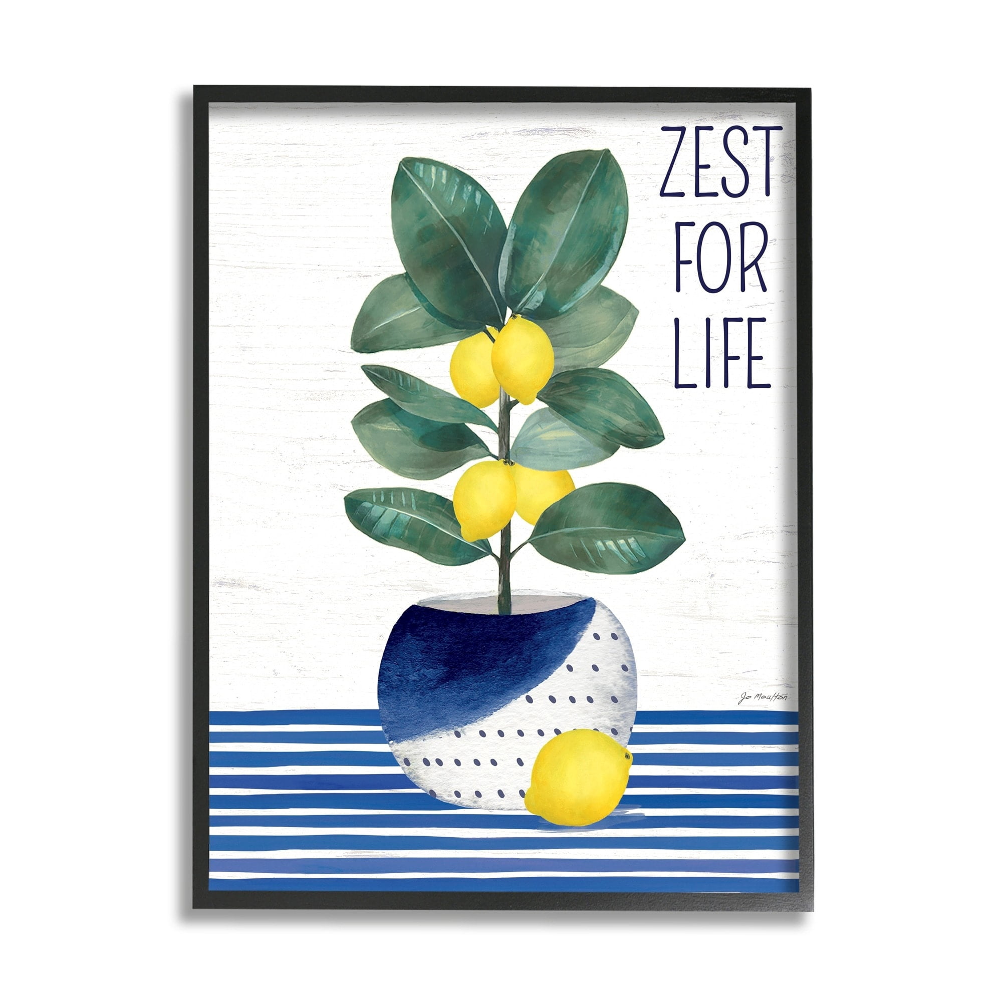 Stupell Industries Zest For Life Lemon Plant Blue Stripes Botanical & Floral Painting Black Framed Art Print Wall Art, 11 x 14
