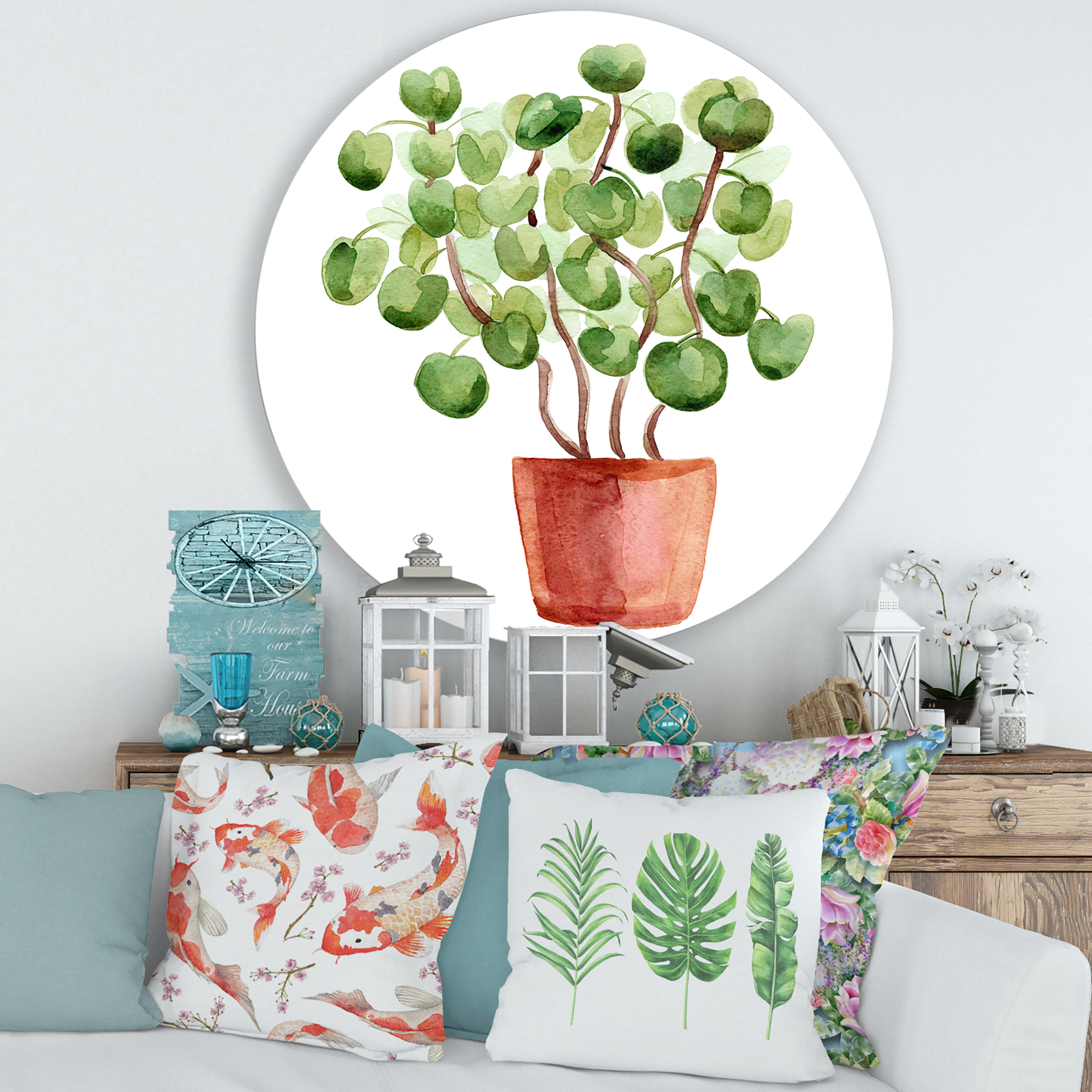 Designart 'Abstract Chinese Money Plant In Pot' Traditional Circle Metal Wall Art 29x29 - Disc of 29