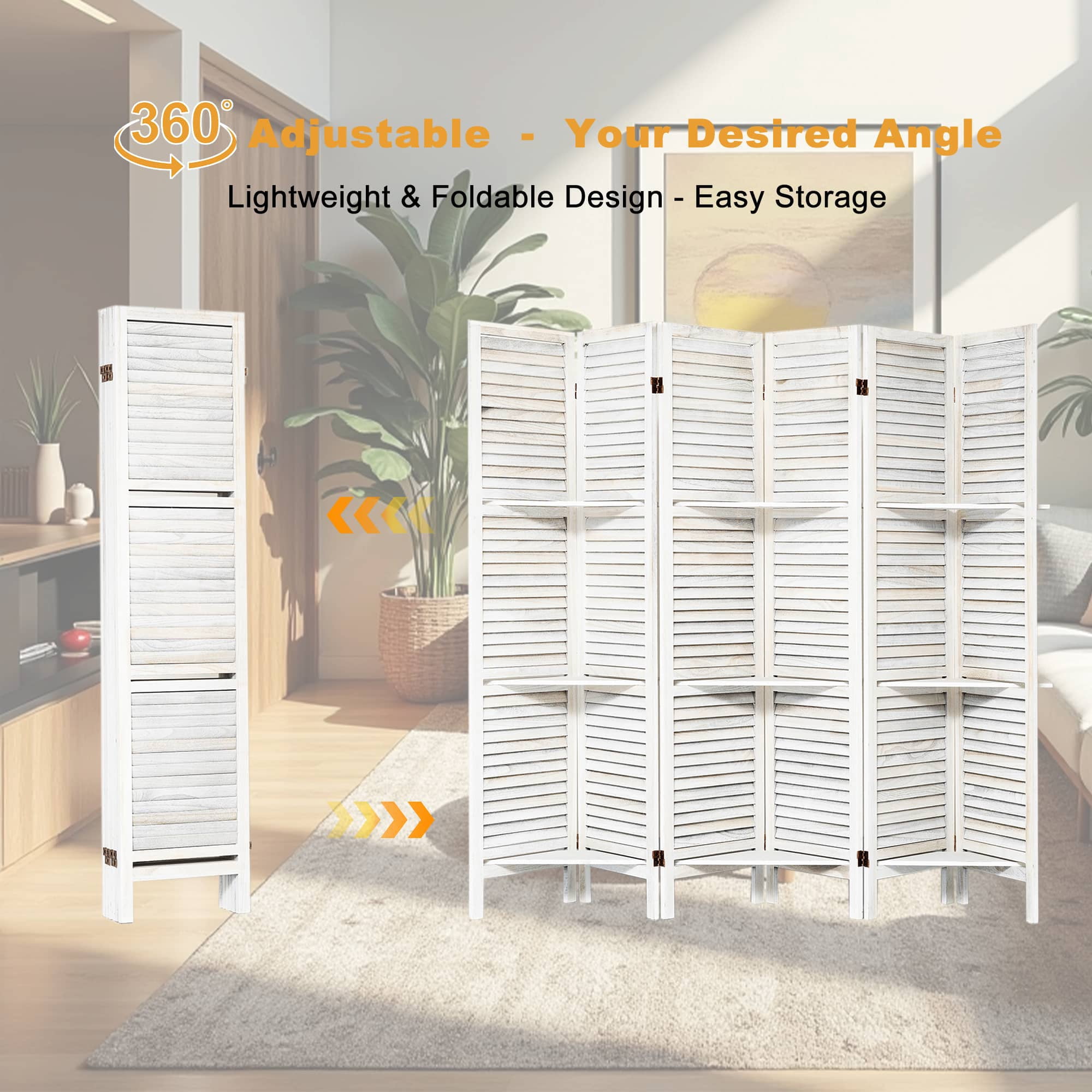MAYEERTY 6 Panel Room Divider with Display Shelves, Freestanding Wood Privacy Screen, White