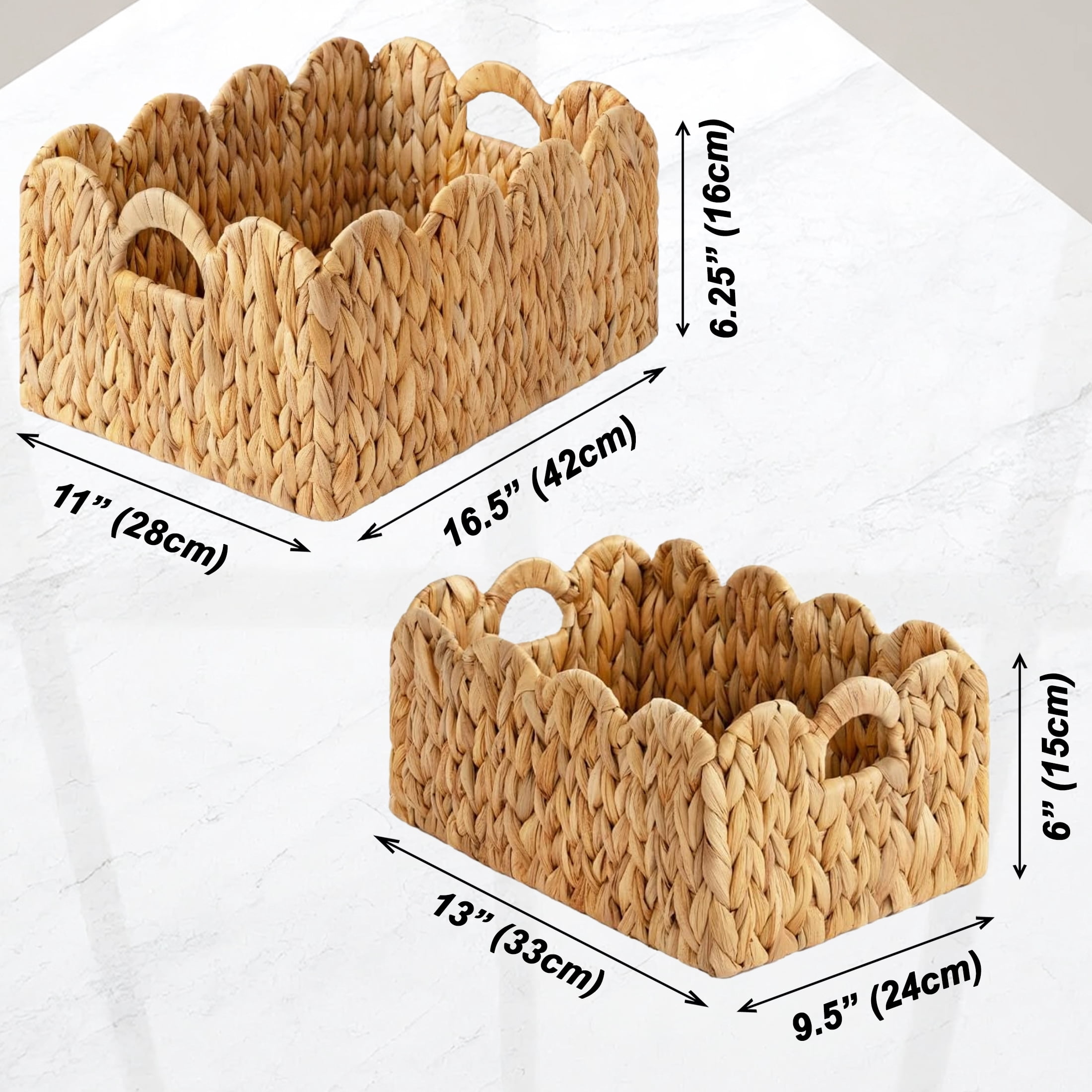 LAQUEDECRAFT Wavy Edges Water Hyacinth Storage Baskets with Handles | Perfect for Towels, Toys & Home Décor in Living Room, Nusery, Bathroom
