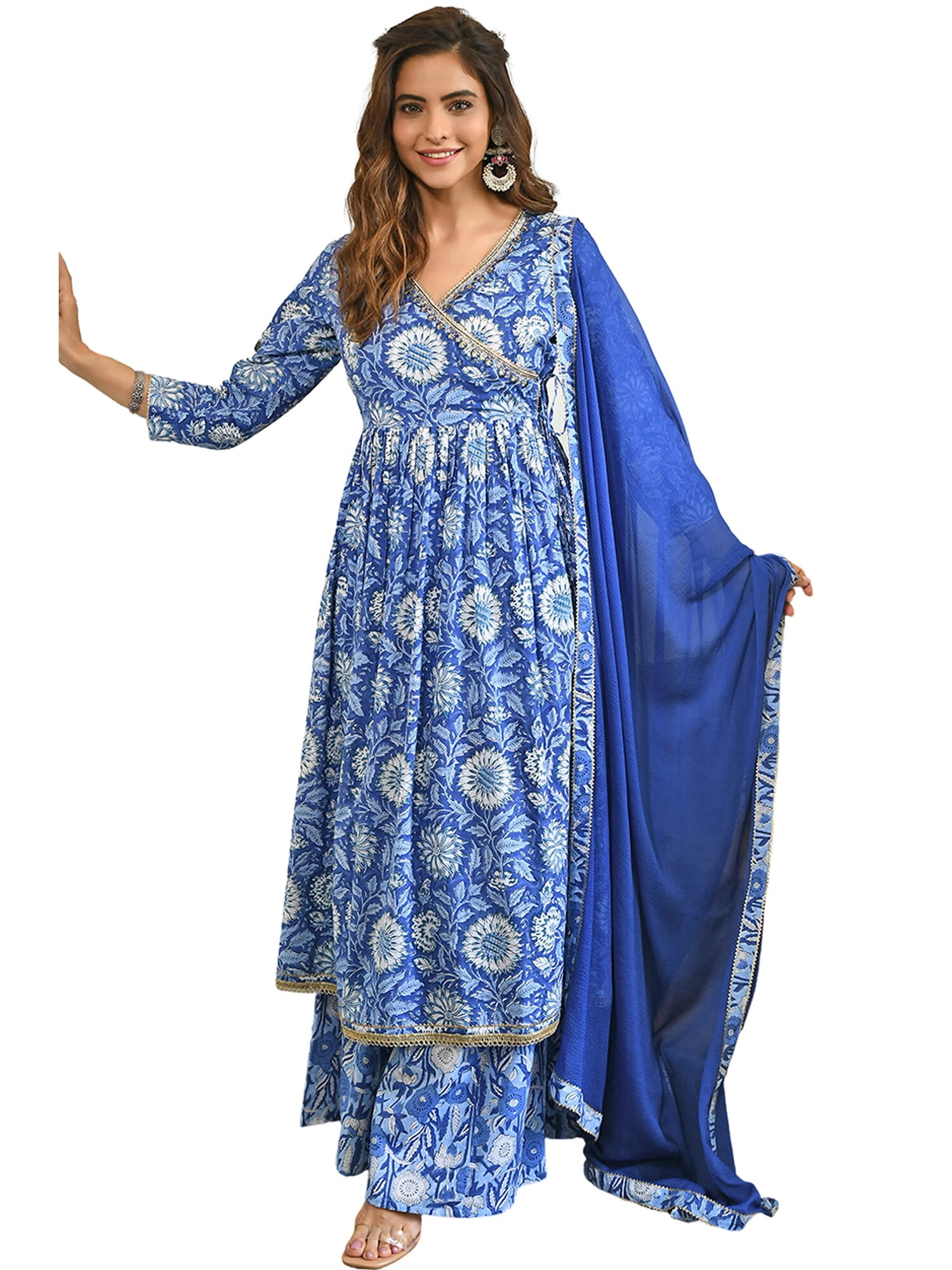 Women Blue Cotton Floral Printed Flared Kurta with Pant & Dupatta