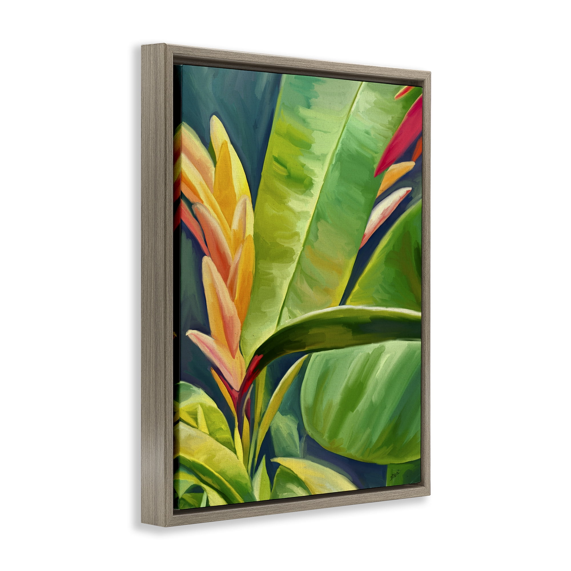 Stupell Industries Bright Tropics Greenery Botanical & Floral Painting Brown Floater Framed Art Print Wall Art, 25 x 31