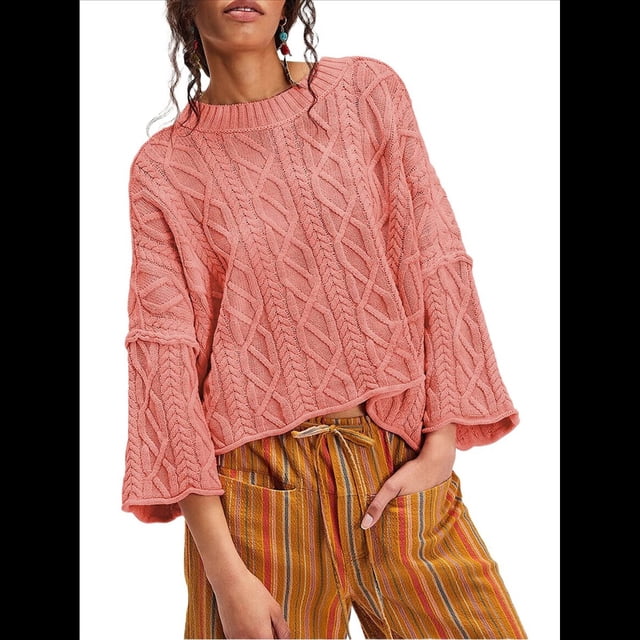Suéteres Cortos de Punto para Mujer, de Gran Tamaño, con Mangas 3/4 y Cuello Redondo, Informales, para Otoño. Sandía Roja XL