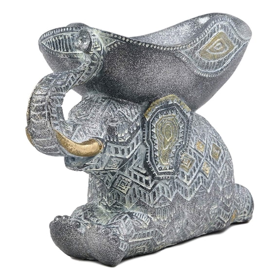 Ebros Large Silver Grey Accent Mosaic Design Noble Elephant Laying Down with Trunk Up Holding Decorative Bowl Statue for Succulents or Potpourri Balls or Home Decor Accessories As Zoo Safari Animal