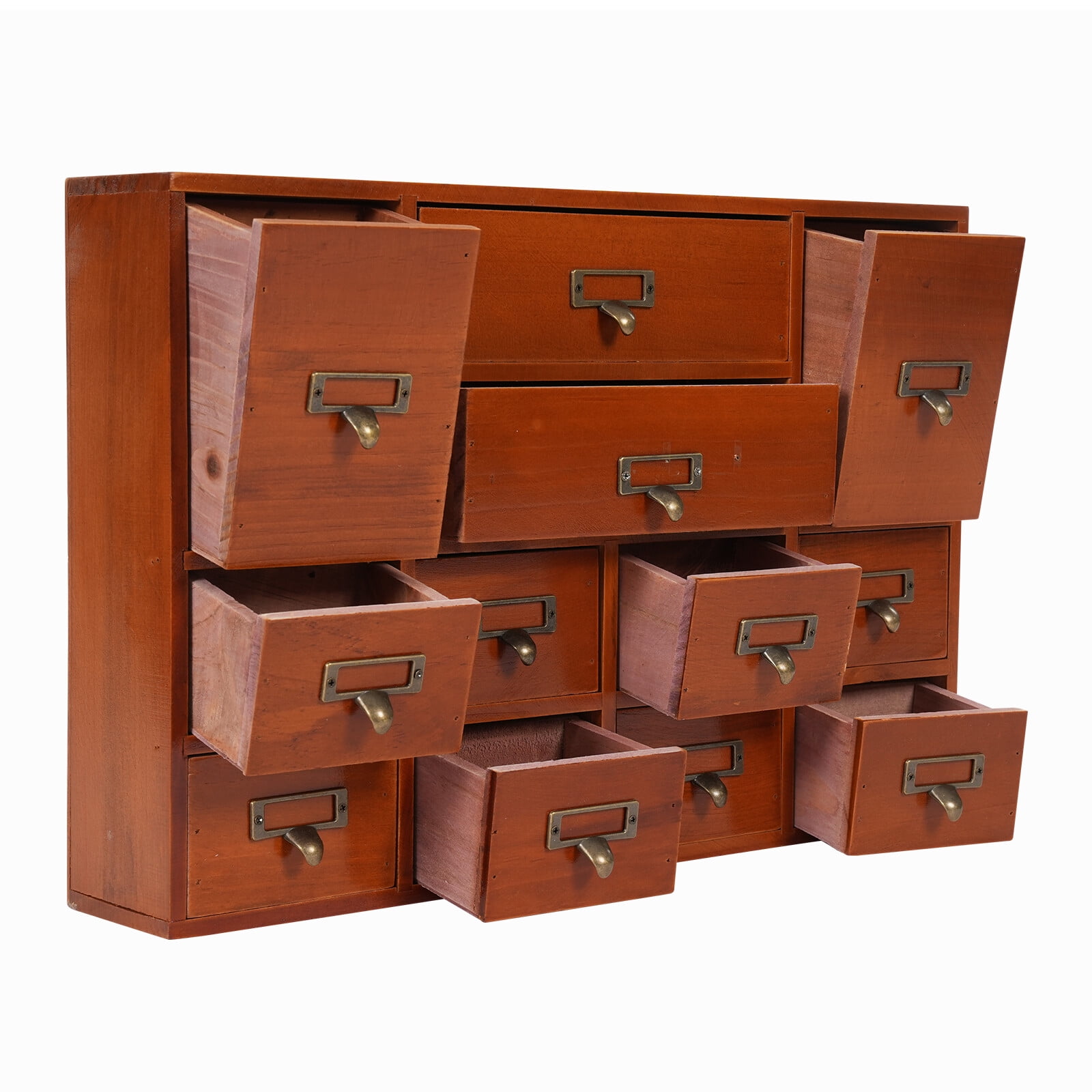 Wooden Desktop Organizer 12 Drawers, Large Wood Storage Drawer Unit for Desk Accessories, Office Supplies, Makeup, Jewelry, Craft Cabinet with Metal Handles & Label Slots - No Assembly Required