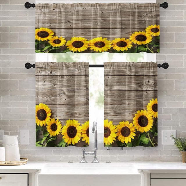 Sunflowers Wooden Board Kitchen Curtains Yellow Flower Window Curtains and Valances Set 36 Inch, Summer Short Tier Curtain for Kitchen, Rustic Vintage Small Kitchen Decor