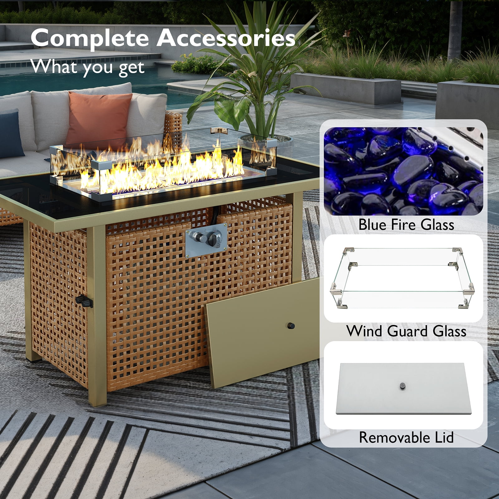 43" Propane Fire Pit Table for Outside Patio, 60,000 BTU Outdoor Fire Table with Glass Wind Guard & Steel Frame - Orange