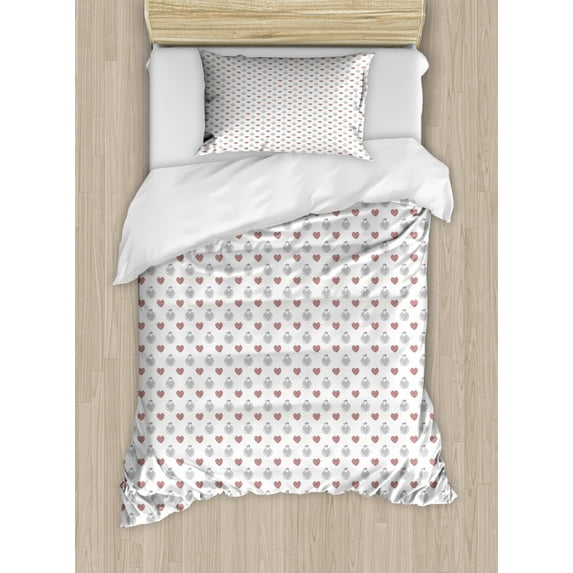 Hearts Duvet Cover Set Twin Size, Abstract Hand Drawn Hearts Pattern Built-in Pomegranate Fruit, Decorative 2 Piece Bedding Set with 1 Pillow Sham, Scarlet Black and White, by Ambesonne