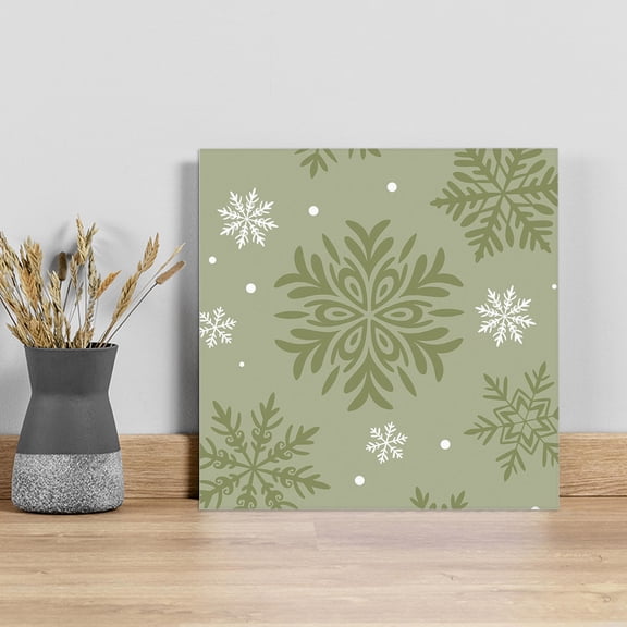 Sage Green Christmas Wall Art Painting on Canvas, Winter Xmas Snowflakes Textured Canvas Art Home Prints Wall Art Framed Modern Artwork for Living Room Bedroom Wall Decor 8x8in