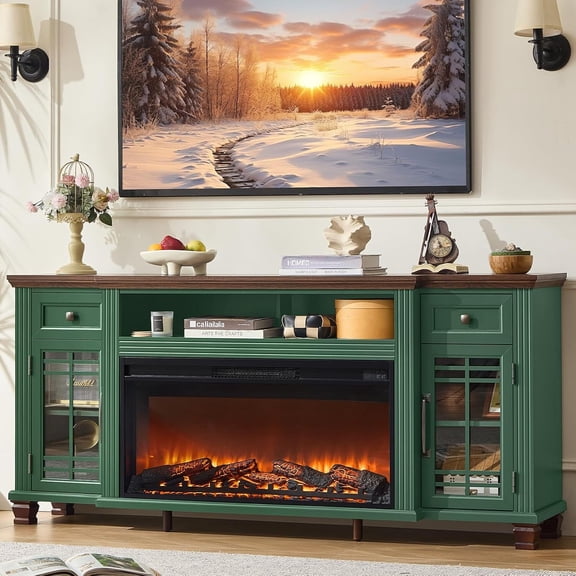 70" Fireplace TV Stand for TV up to 80", Entertainment Center with 36.5" Electric Fireplace Media Console Table for Living Room with Glass Shelves, Green