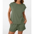 thumbnail image 6 of Womens Crew Neck Two Piece Short Sets Cap Sleeve Drawstring Summer Sweatsuit with Pocket Green L, 6 of 8