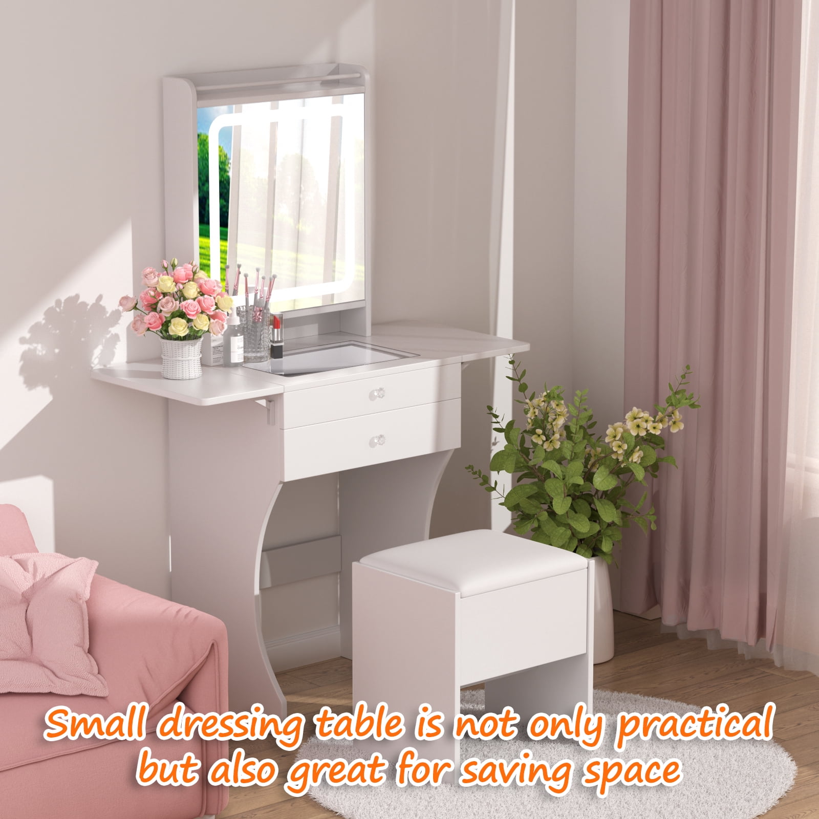 Mintazer Compact Vanity Desk with LED Mirror & Foldable Side Tables, Makeup Vanity Set with Tempered Glass Top & 2 Drawers and Stool, White