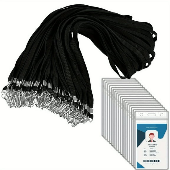 10/25/50/100/150pcs Clear Plastic Vertical Name Tags Badge ID Card Holders and 10/25/50/100/150pcs Flat Neck Lanyards with Swivel Hook