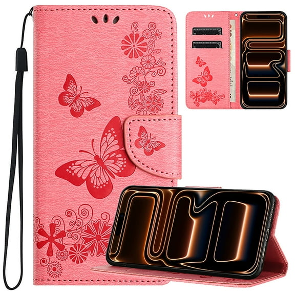 Allytechgroup for iPhone Air Wallet Case, PU Leather Butterfly Embossed Flip Folio Stand Protective Shockproof Cards Holder Hand Wrist Bumper Phone Case Cover for iPhone Air, Pink