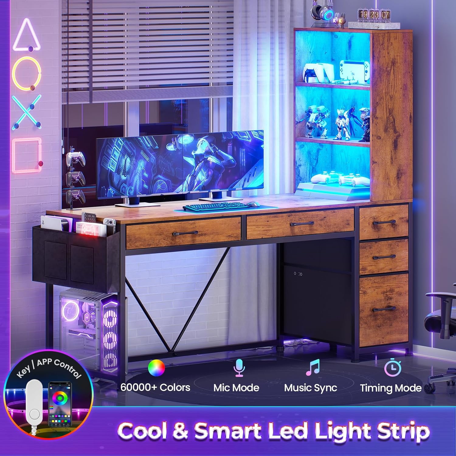 47" Home Office Desk with Bookcase & Storage Bag, Reversible Computer Desk with 5 Drawers and 3-Tier Bookshelves, Gaming Desk with Storage and Led Lights for Small Space, Rustic Brown