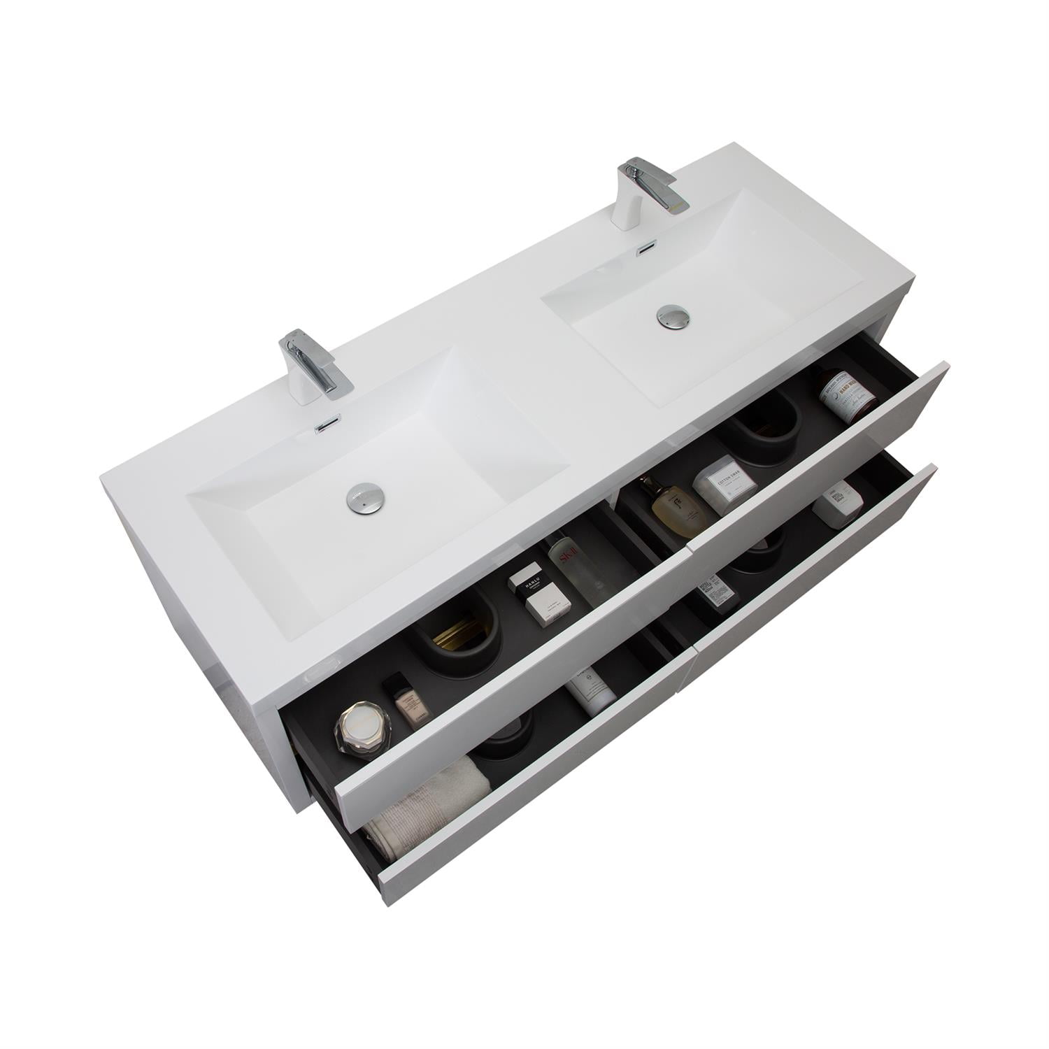 Demi Bonn 59" Wall-Mounted Bathroom Vanity with Sink, Stone Resin Countertop and 4 Soft Close Drawers, Faucets and Drains Not Included, White