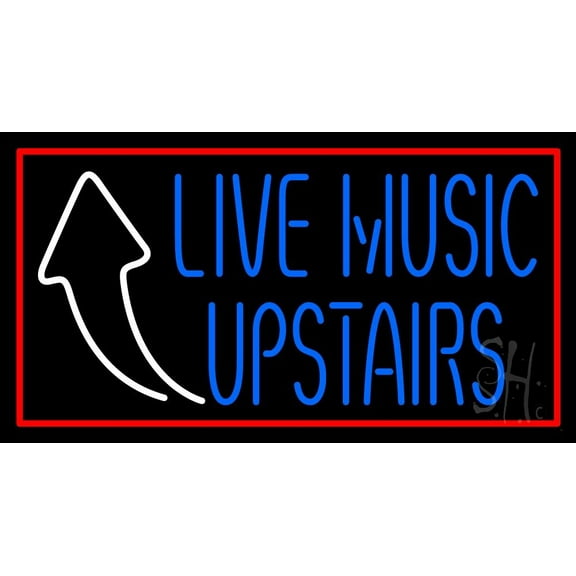 Live Music Upstairs LED Neon Sign 13" Tall x 24" Wide - inches Black Square Cut Acrylic Backing, with Dimmer - Premium built indoor Sign for Studio, Club, Home décor, Event, Workshop, Storefront.