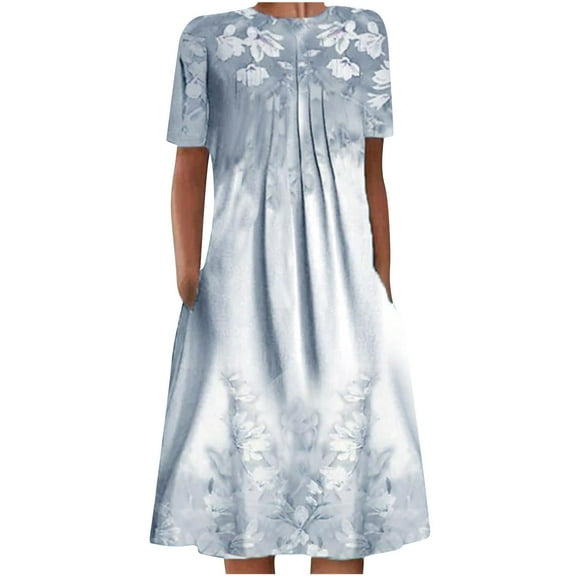 JINMGG 2023 Summer Clearance Dresses under $10.00 Fashion Women Summer Printing Causal Round-Neck Short Sleeve Vacation Pockets Dress