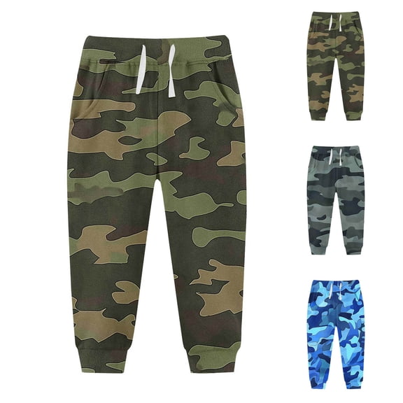 AHTJRT Sweatpants for Girls Boys Camouflage Drawstrings Elastic Waist Trousers with Pockets Tapered Outdoor Running Hiking Joggers Blue 10-11 Years