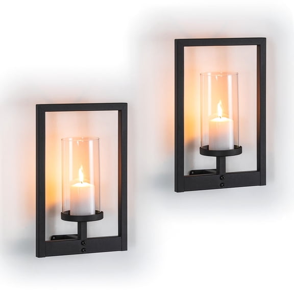 Sziqiqi Set of 2 Black Wall Candle Sconces with Glass Shades: Modern Square Metal Hurricane Holder for Pillar Candles Living Room Bedroom Bathroom Hallway Decor