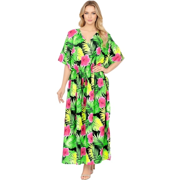 HAPPY BAY Women's Summer Loungewear Loose Caftan Slit Dress Maxi House Sleep Shirt for Women 2X-3X Hibiscus, Pink