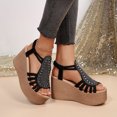 thumbnail image 4 of Wedges Heels for Women Open Toe Platform Fisherman Gladiator Sandals Glitter Rhinestone Elastic Ankle Strap Pumps Shoes Black Size 9.5, 4 of 7