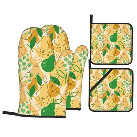 

Oven Mitts and Pot Holders Sets 4 pcs - Funny Green Golden Yellow Pear Heat Resistant Silicone Oven Gloves with Non-Slip Silicone Surface and hot pads for kitchen Baking Cooking BBQ