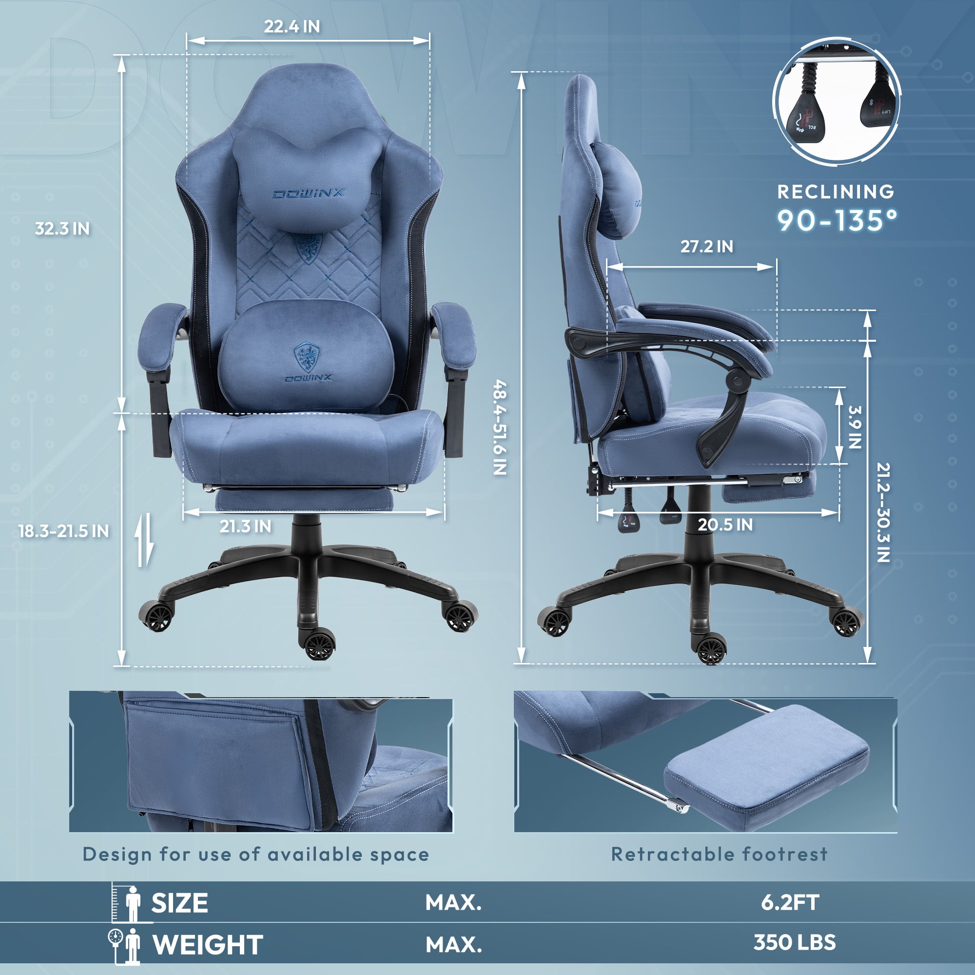 GOOSEA Fabric Gaming Chair with Heated Massage Lumbar Support, Big and Tall Game Chair for Adults, High Back PC Chair with Pocket Spring Cushion and Footrest, Blue