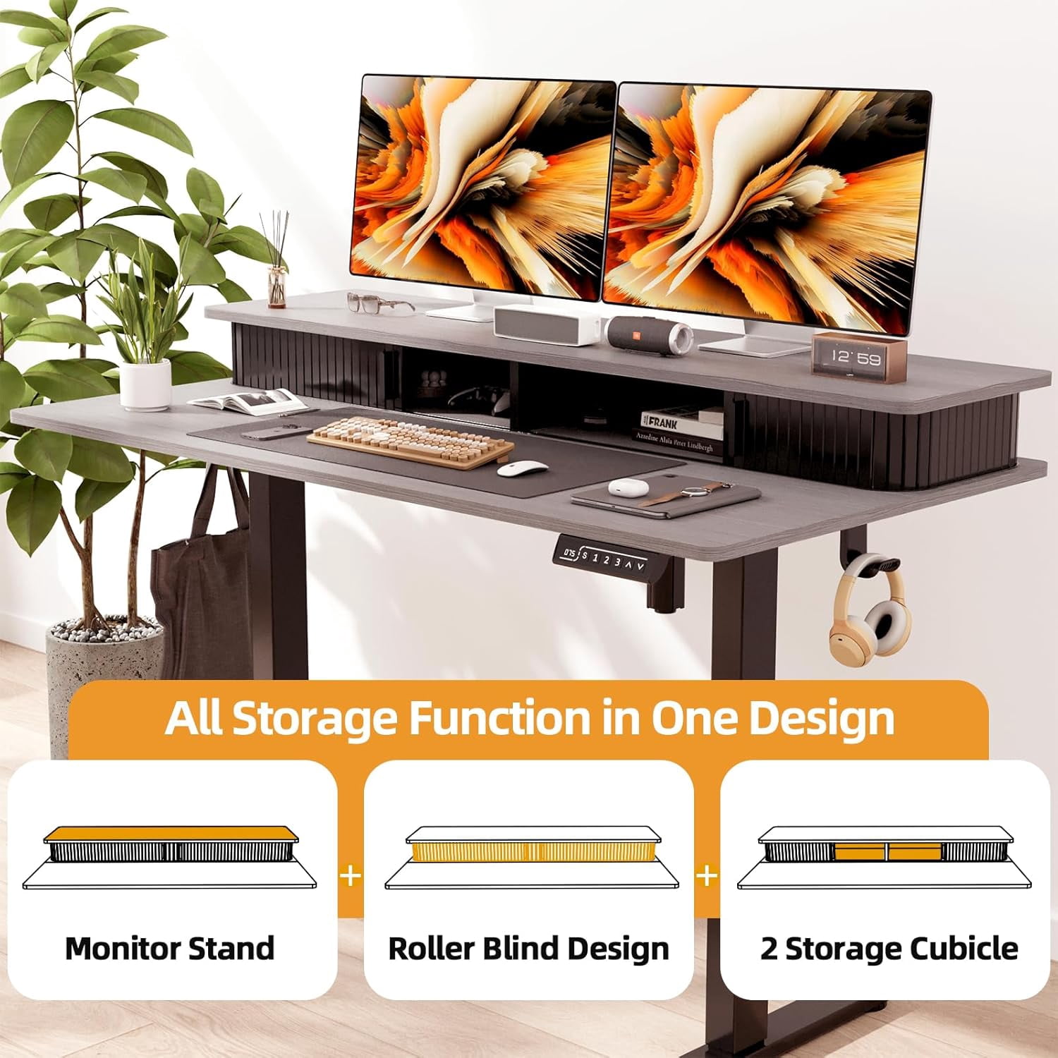 Height Adjustable Electric Standing Desk with Storage Shelves, 48 Inch Table with Built-in Monitor Stand, Sit Stand Desk with 2 Hooks for Home Office, Grey Desktop & Black Frame