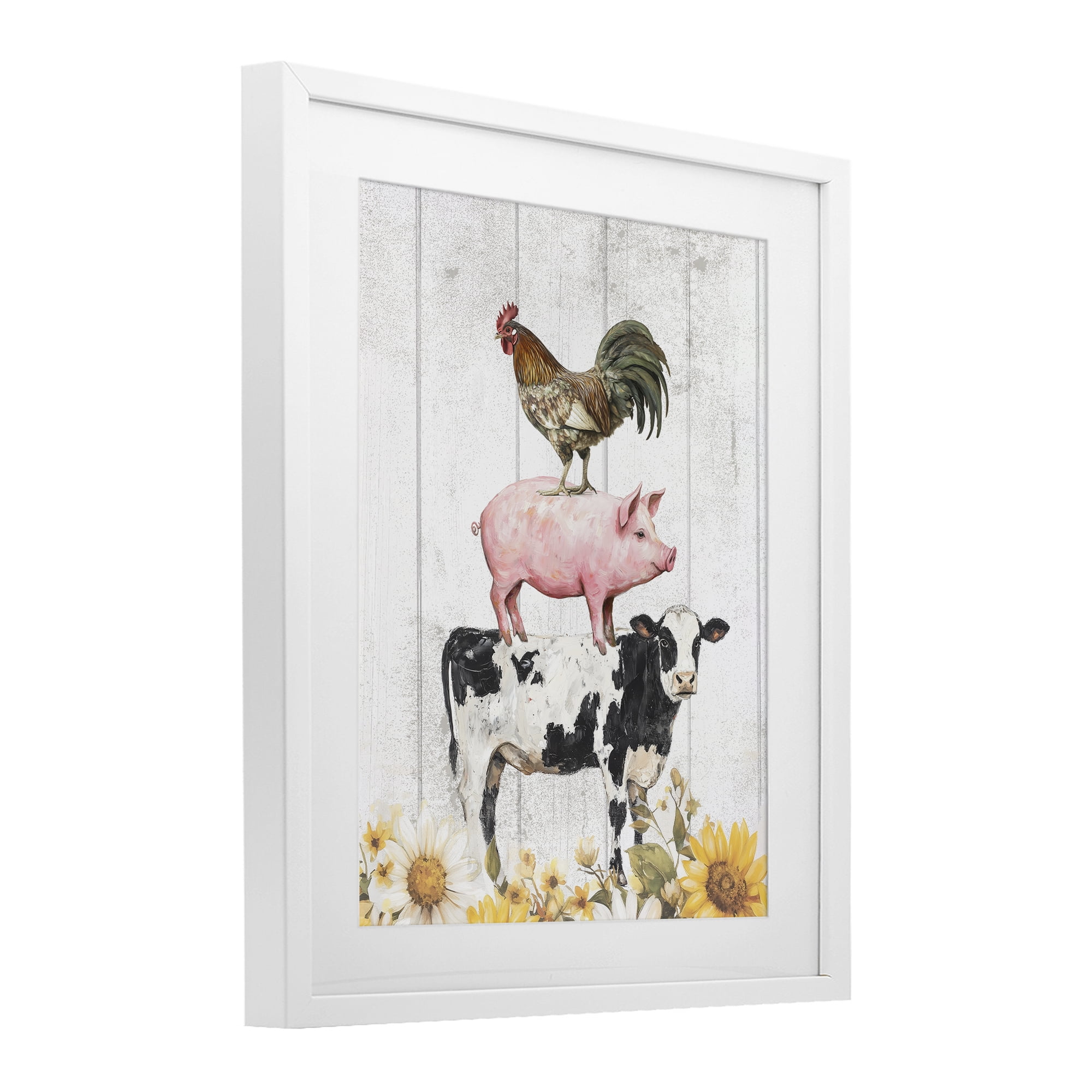 Stupell Industries Farm Animal Stack and Sunflowers White Framed Print Under Glass, design by Christine Simpson Art