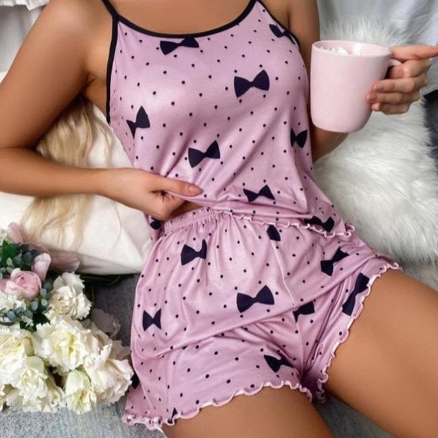 Ensemble de Pyjama pour Femmes T-shirts Shorts Roses en Forme de Cœur Col Rond T-shirt en Soie Glacée Confortable Décontracté Été