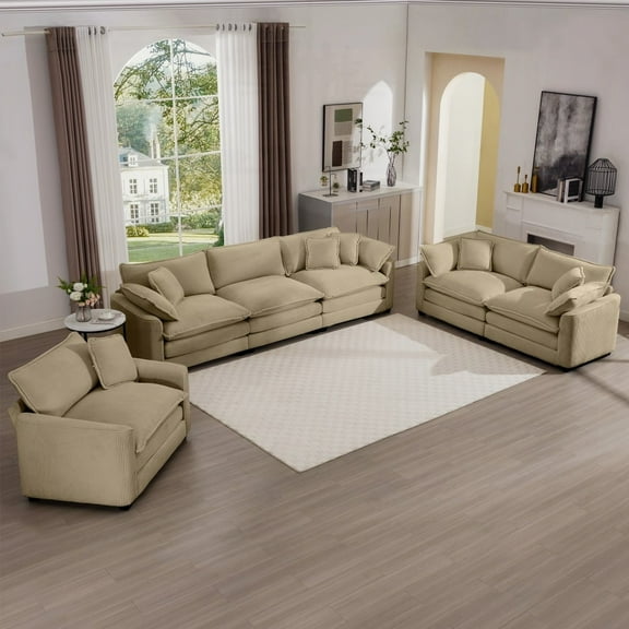 Modern Tan Corduroy 3-Piece Sectional Sofa with Oversized Dimensions (220×80×75cm) for Living Rooms