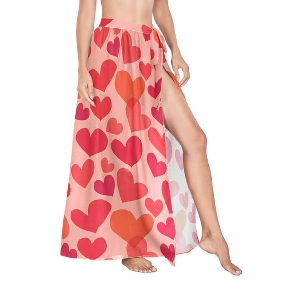 Women Sarong Wraps Red Hearts Print Swimsuit Beach Pareo Bikini Coverups Skirt M