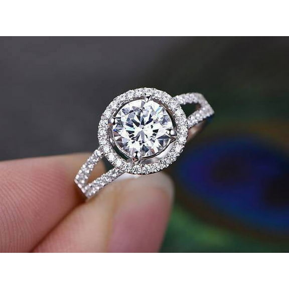 Unique 2.00 Ct Round cut Halo Moissanite Diamond Wedding Ring with 18k Gold Plating