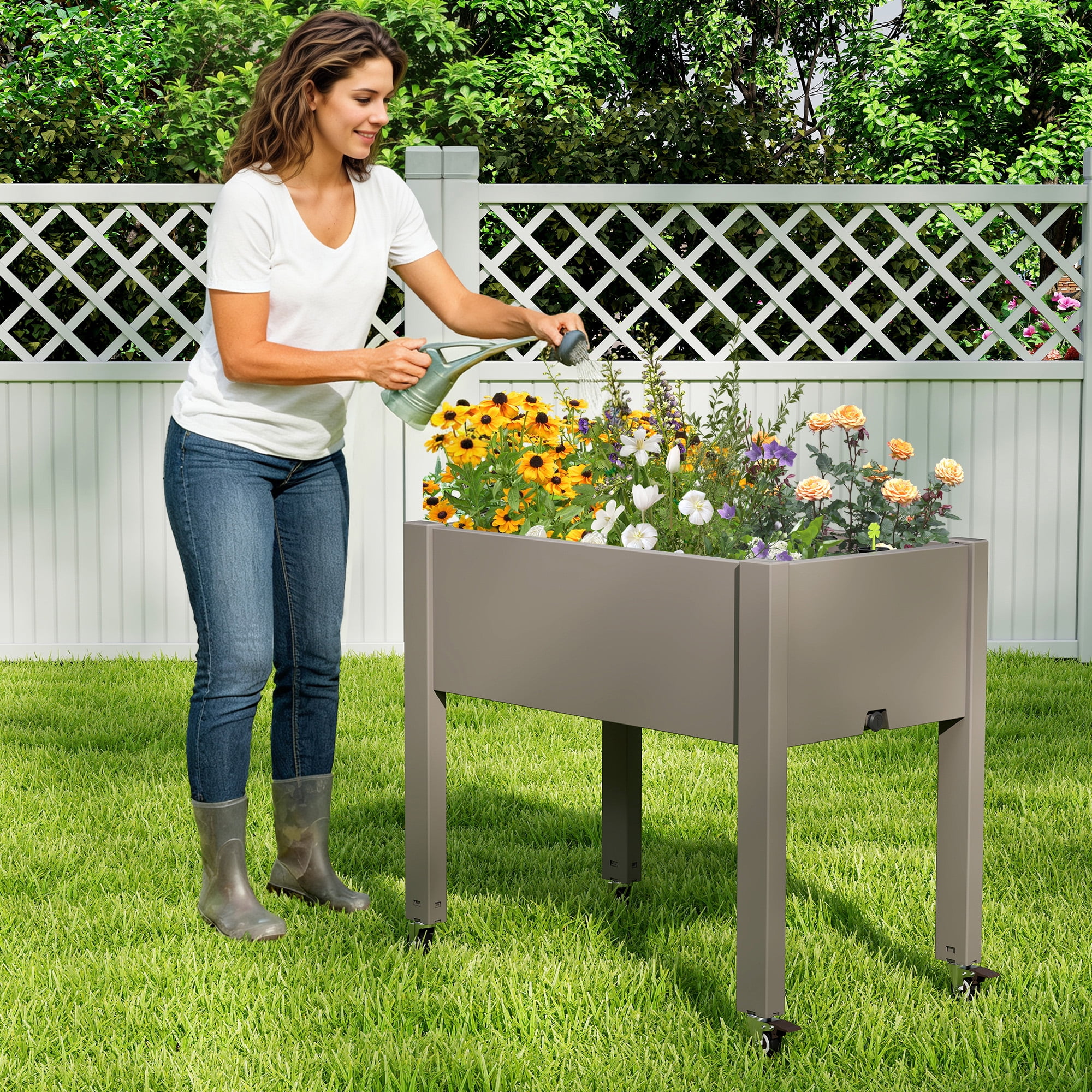 Nihsuao 30in Large Raised Garden Bed with Wheels, Outdoor Elevated Planter with Weatherproof Resin, Effective Drainage for Backyard, Patio and Balcony, Gray