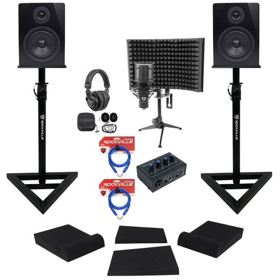 Rockville Studio Bundle: ROCK-U MINI Interface, APM5B Monitors, RVSM1 Stands, RCM PRO Mic, PRO-M50, Shield Kit Pro, 6-items