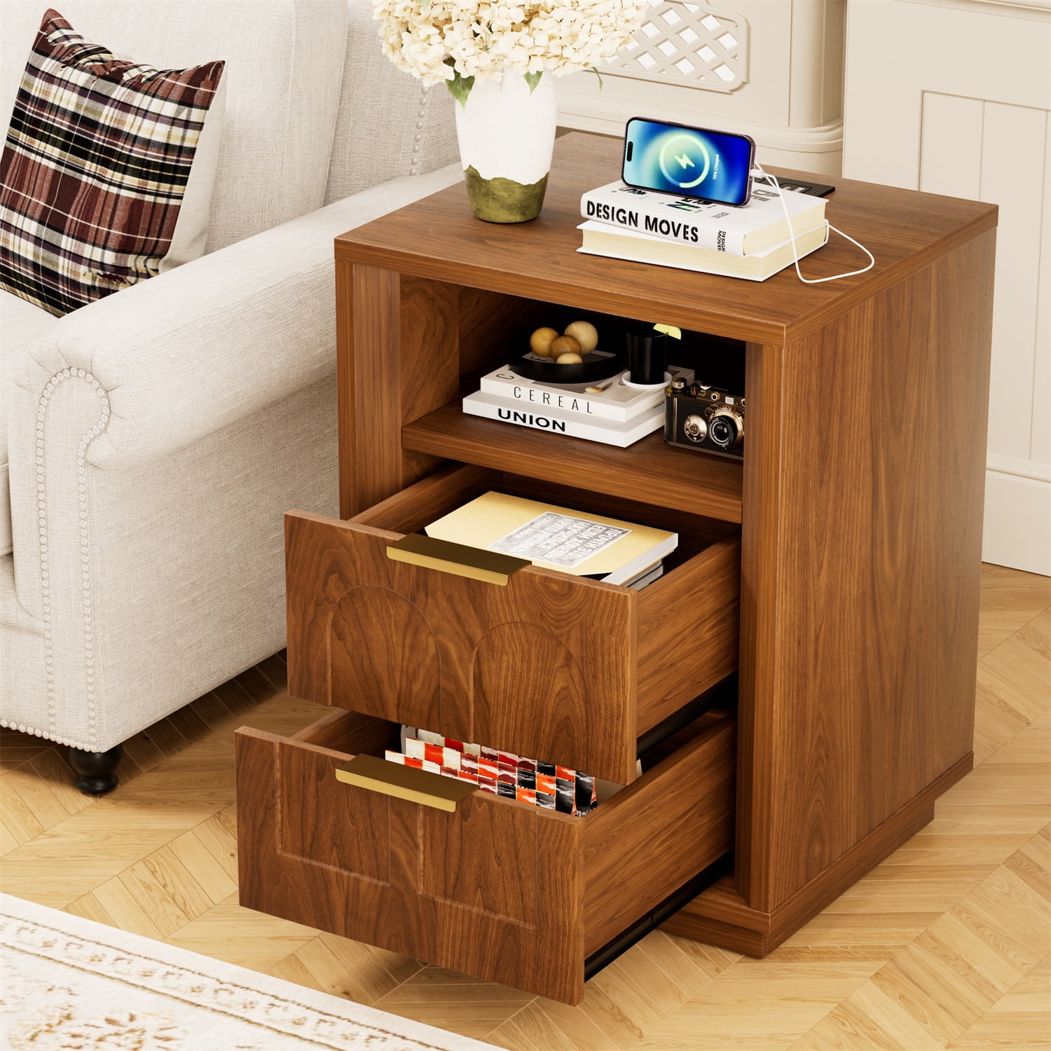 Hommoo 2-Pack Modern Nightstands with Built-in Type-C Charging Station, 2 AC Outlets & USB Port, Mid-Century Two-Drawer Bedside Tables for Bedroom, Living Room & Office, Walnut