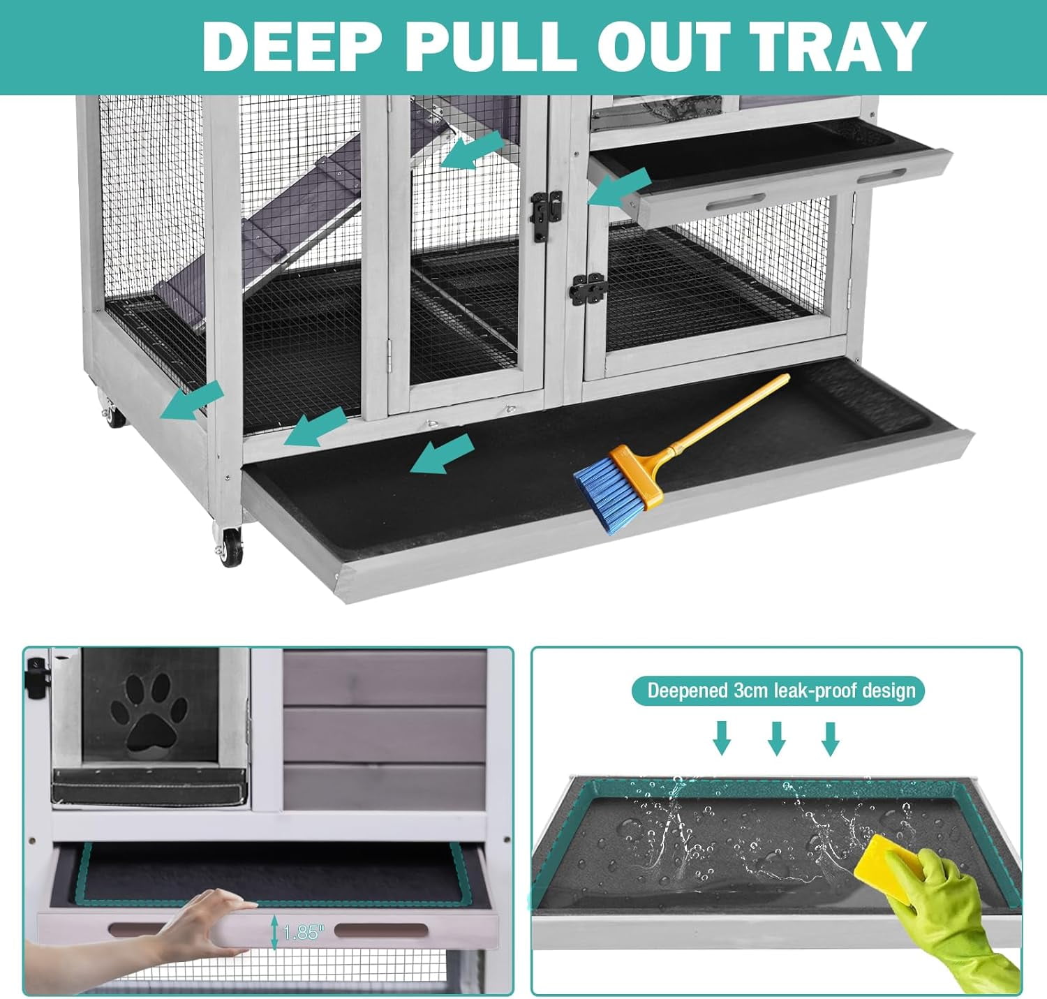 MEDEHOO 2-Story Rabbit Hutch Indoor Bunny Cage Outdoor Guinea Pig House with Wire Mesh Floor, Leak-Proof Trays, Lockable Wheels for Rabbits, Guinea Pigs, 40.6" L x 26" W x 37.6" H