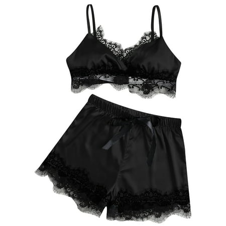

Honeeladyy Discount Womens Pajamas Sets Silk Sling Satin Tops with Lace Shorts Lingerie Nightgown Home Room Sleepwear Cami Underwear