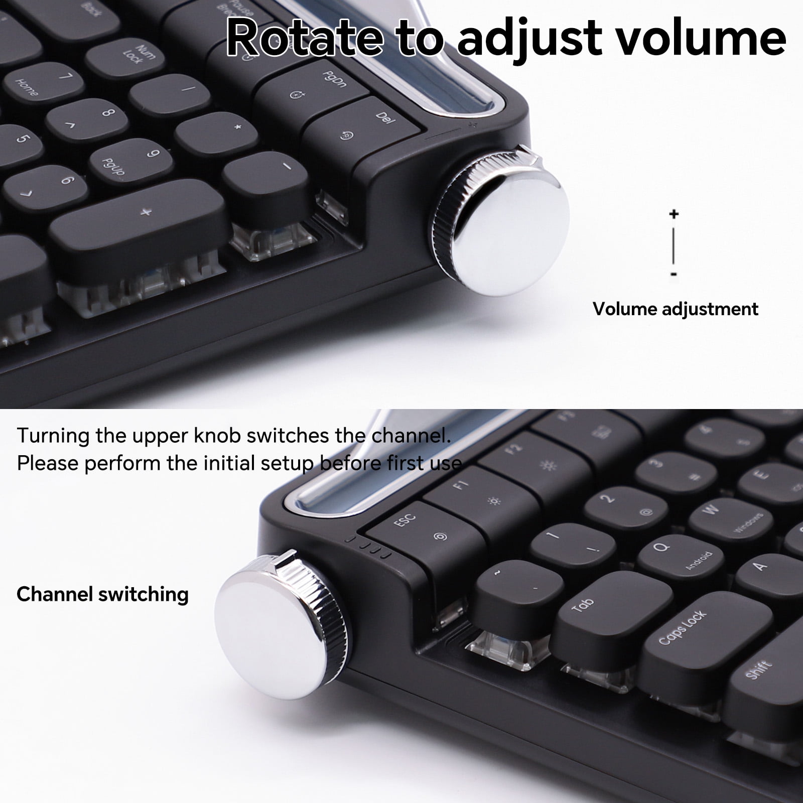 ACTTO B705 Retro Mechanical Keyboard, Black, Dual-Mode Bluetooth & Wired, Knob & Stand, Blue Switch, RGB Backlight, for Gaming & Office
