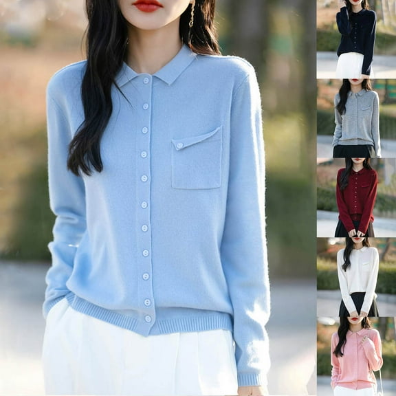 yoeyez Womens Knit Cardigan Jackets Long Sleeve Button Down Fall Tops Collar Lightweight Soft Sweater Coat Blue,M